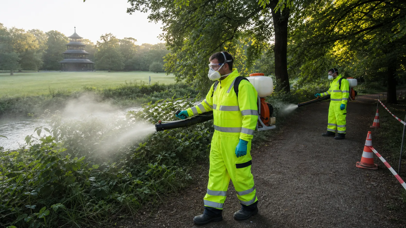 Two workers in high-visibility overalls, goggles and respirators spraying insecticide from backpack misters along a hedge beside a river in a park, a traffic cone and barrier tape closing the path behind them and the Chinese Tower of Munich's English Garden in the distance.