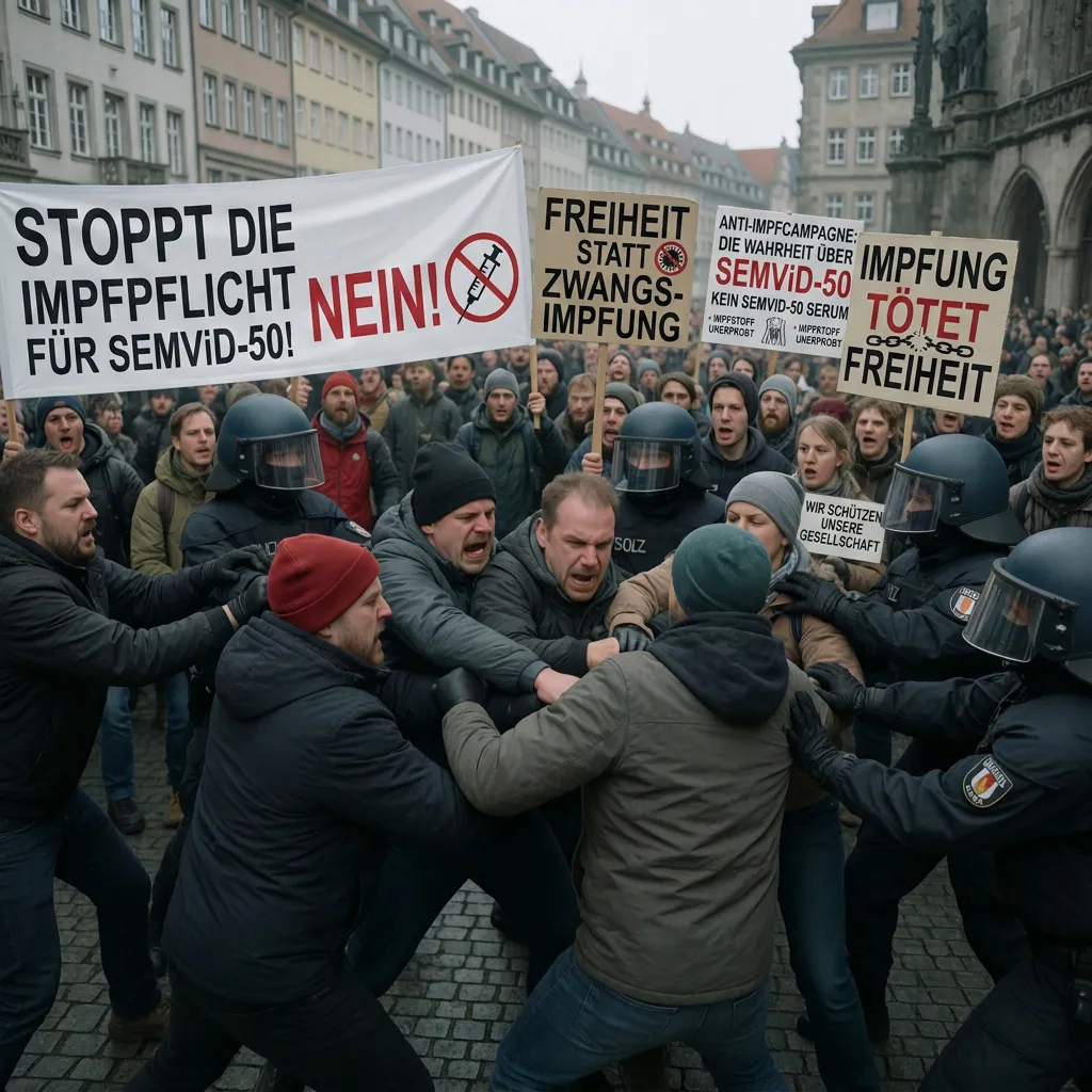 An AI-generated image of an anti-vaccination protest in a German city square, with scuffles between demonstrators and riot police. Banners and placards read "Stoppt die Impfpflicht für SEMViD-50!", "Freiheit statt Zwangsimpfung", "Impfung tötet Freiheit" and an anti-vaccination campaign notice claiming the SEMViD-50 serum is untested.