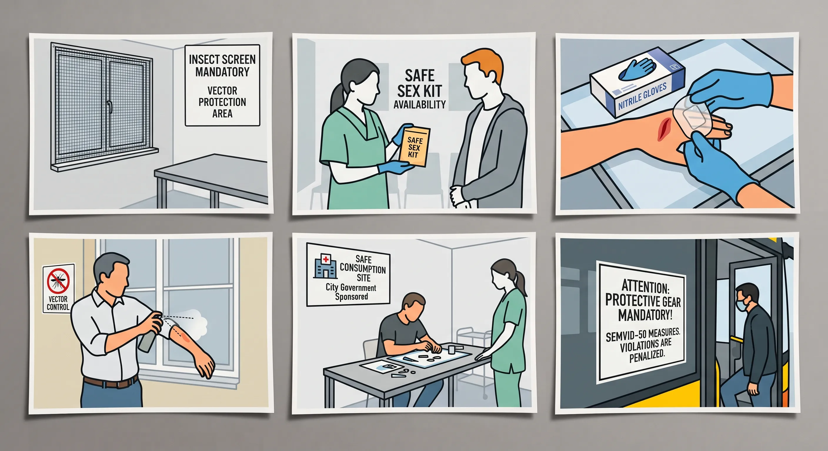 Six illustrated panels of SEMViD-50 measures: a screened window beside a notice reading “Insect screen mandatory — vector protection area”; a nurse handing over a Safe Sex Kit under a “Safe Sex Kit availability” sign; gloved hands dressing an open wound on a forearm beside a box of nitrile gloves; a man spraying repellent on his arm next to a “Vector control” sign; a city-government-sponsored Safe Consumption Site where a man sorts pills at a table watched by a nurse; and a masked passenger boarding a bus past a notice reading “Attention: protective gear mandatory. SEMViD-50 measures. Violations are penalized.”