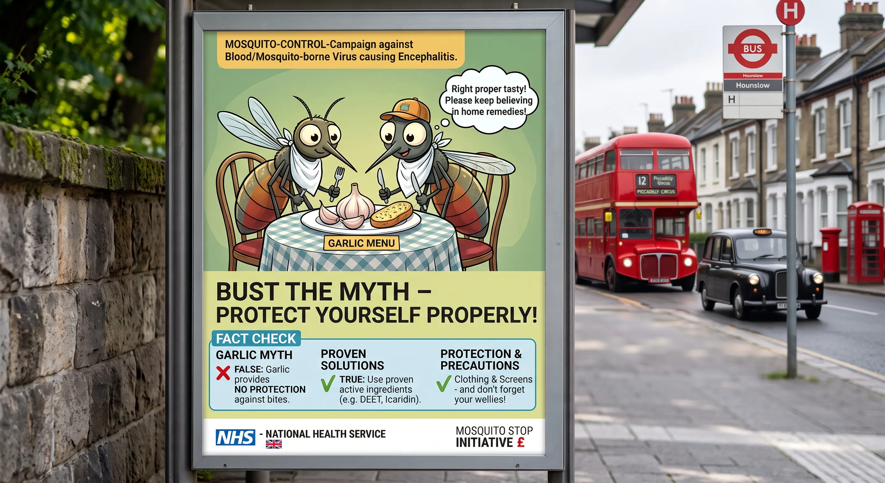 A public health poster in a bus-stop display case on a British street. Two cartoon mosquitoes sit at a table set with a garlic menu, one thinking "Right proper tasty! Please keep believing in home remedies!". The headline reads "Bust the myth — protect yourself properly!". A fact-check panel states that garlic gives no protection against bites, that proven active ingredients such as DEET and Icaridin work, and that clothing and screens help. The poster carries NHS branding and a Mosquito Stop Initiative logo.